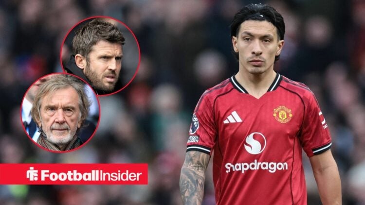 Michael Carrick and Sir Jim Ratcliffe looking in the direction of Lisandro Martinez.