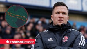 Exeter City manager Gary Caldwell arms crossed with Strava screenshot inset