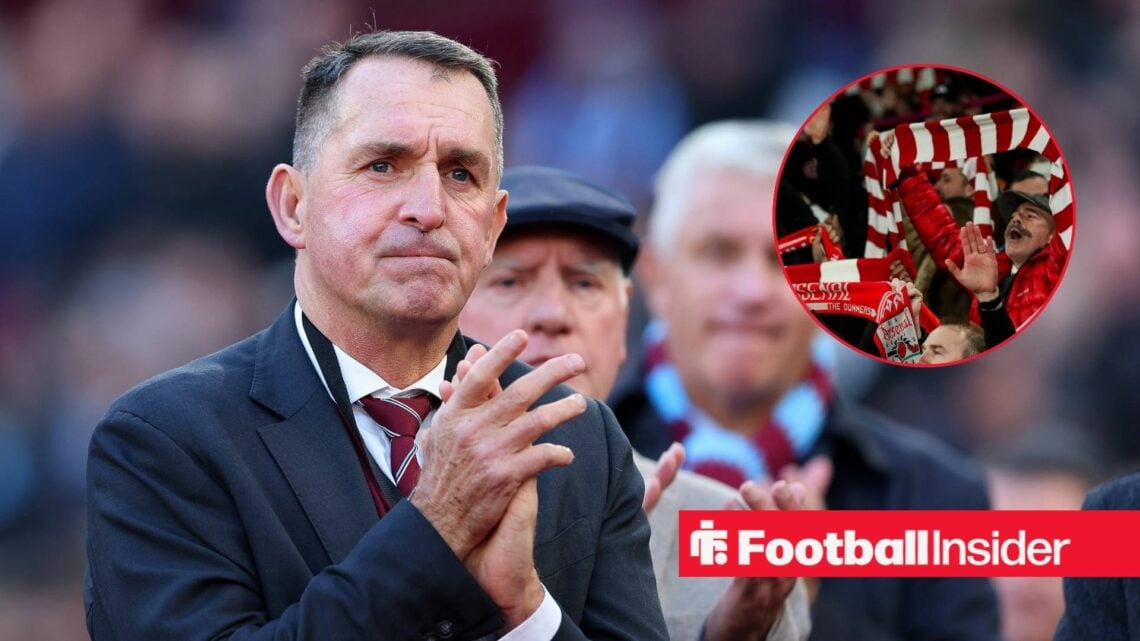 Former Leicester City manager Martin Allen claps with Arsenal fans inset