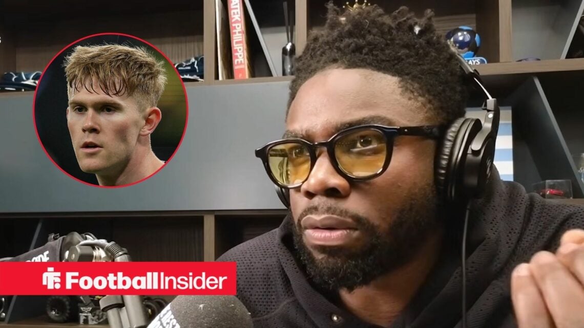 Premier League pundit Micah Richards talks into microphone with Newcastle United defender Lewis Hall inset