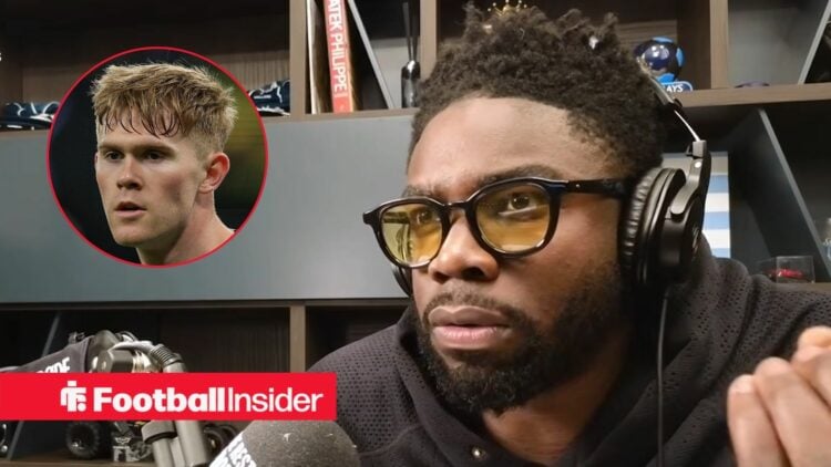 Premier League pundit Micah Richards talks into microphone with Newcastle United defender Lewis Hall inset