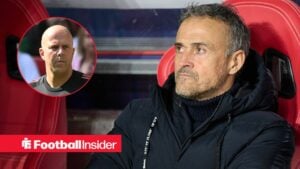 Luis Enrique looking at Arne Slot in circle