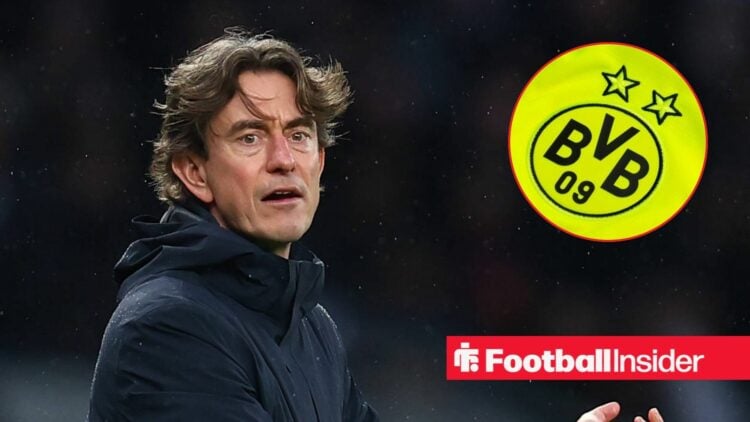Former Tottenham manager Thomas Frank with Borussia Dortmund badge inset