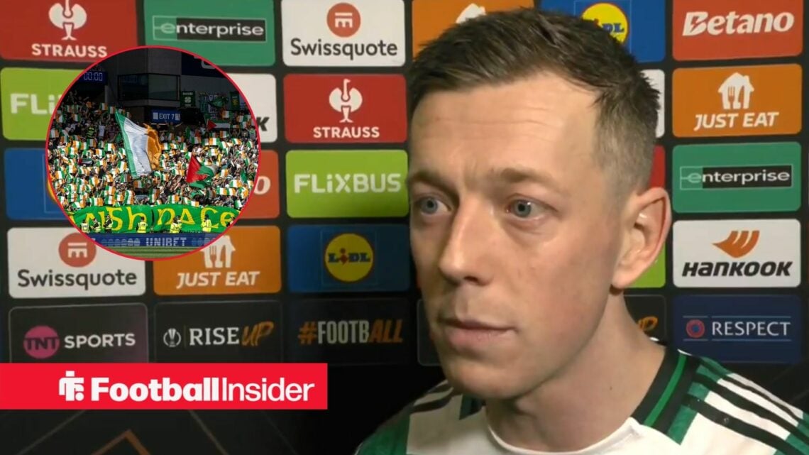Celtic captain Callum McGregor talks after Stuttgart loss, with Celtic fans inset