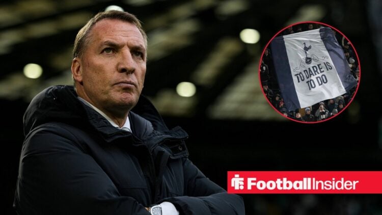 Brendan Rodgers looking at Tottenham flag in circle
