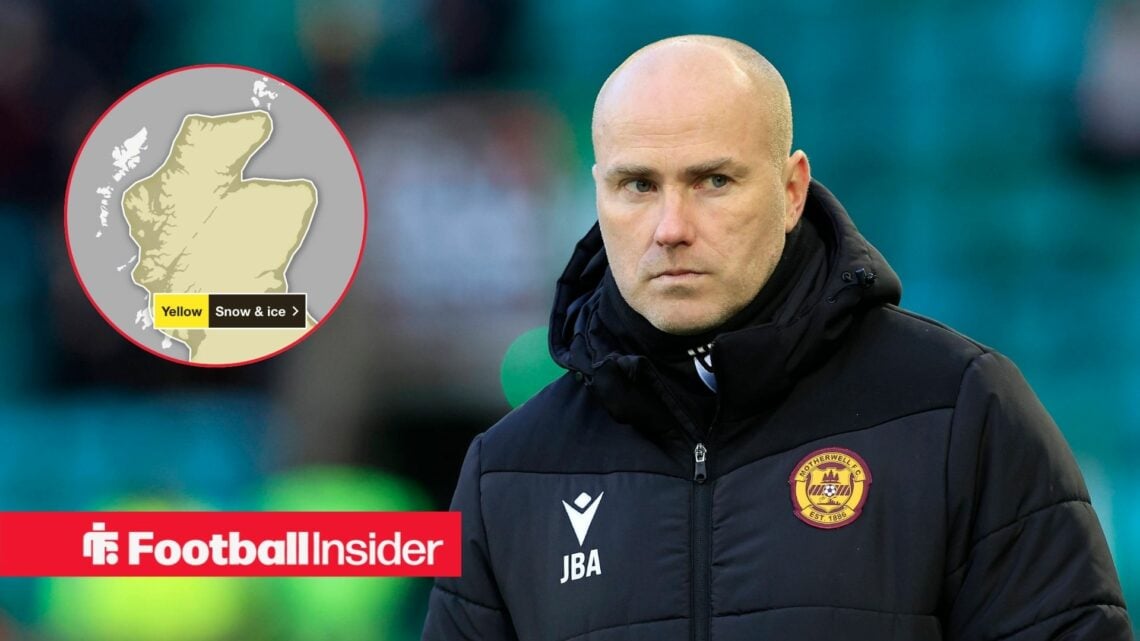 Jens Berthel Askou in Motherwell coat with Scotland weather warning in circle