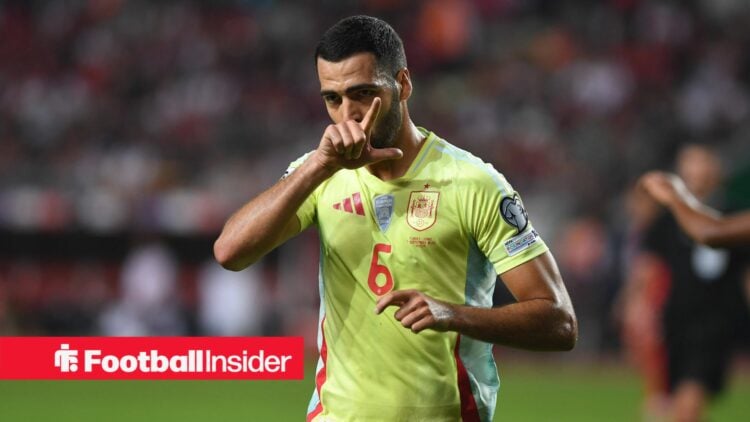Arsenal midfielder Mikel Merino celebrates for Spain