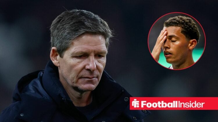 Oliver Glasner looking sad with Brennan Johnson in circle