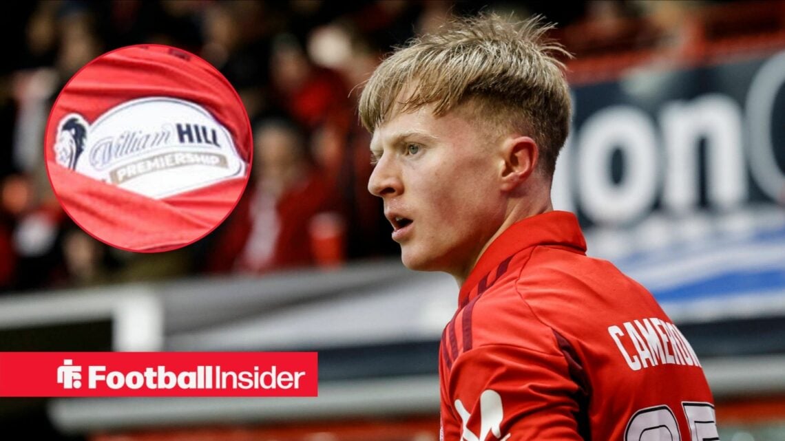 Lyall Cameron in Aberdeen kit looking at Scottish Premiership badge in circle