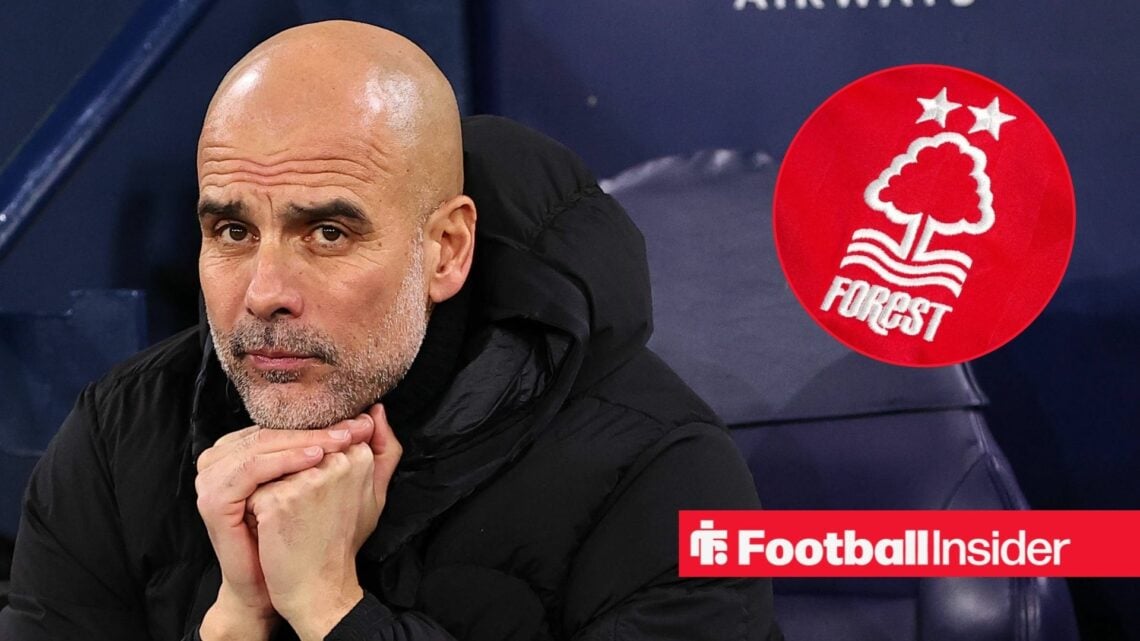 Man City manager Pep Guardiola with Nottingham Forest badge