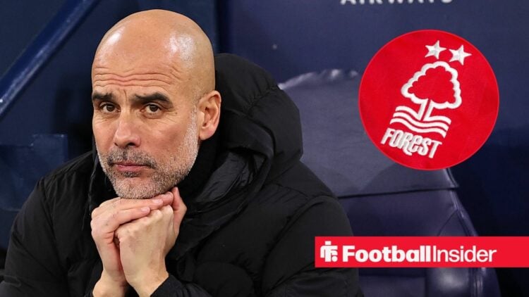 Man City manager Pep Guardiola with Nottingham Forest badge