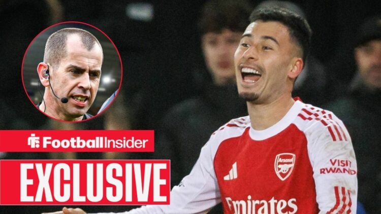 Arsenal forward Gabriel Martinelli laughs with referee Peter Bankes inset