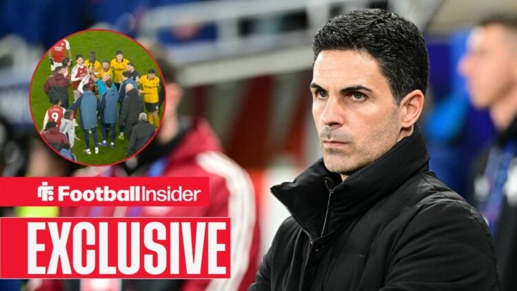 Arsenal manager Mikel Arteta looks stern with screenshot from Arsenal's match with Wolves inset
