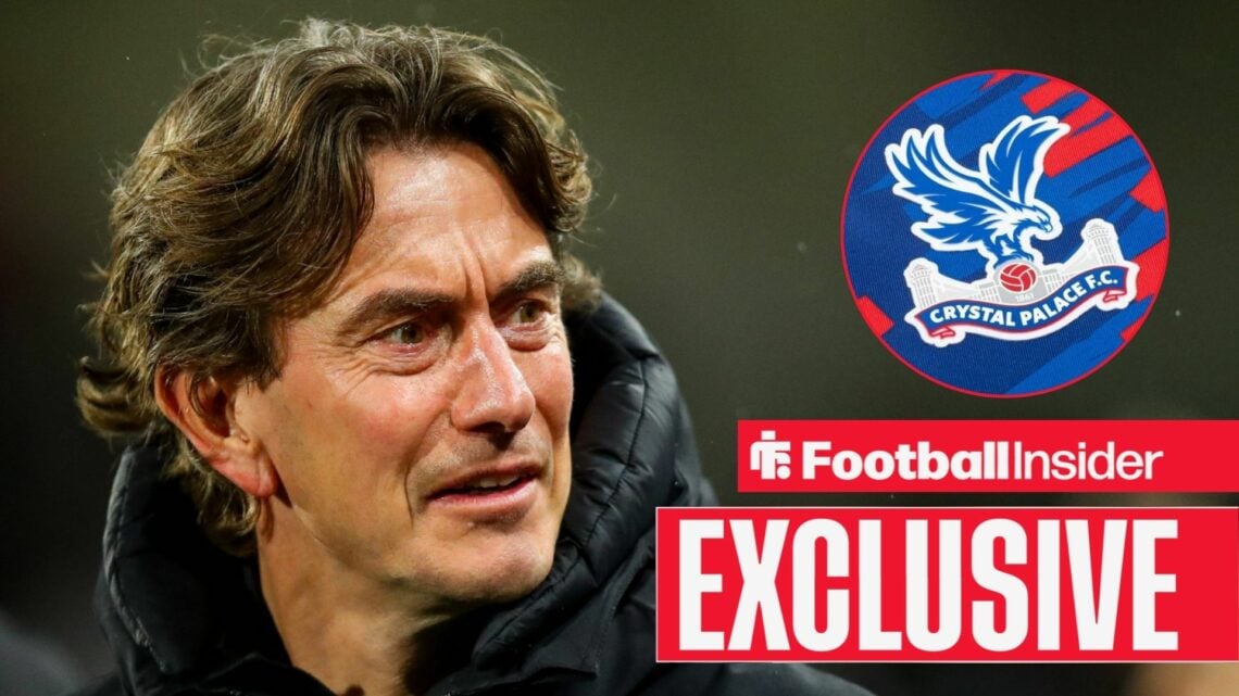 Ex-Tottenham manager Thomas Frank with Crystal Palace badge inset