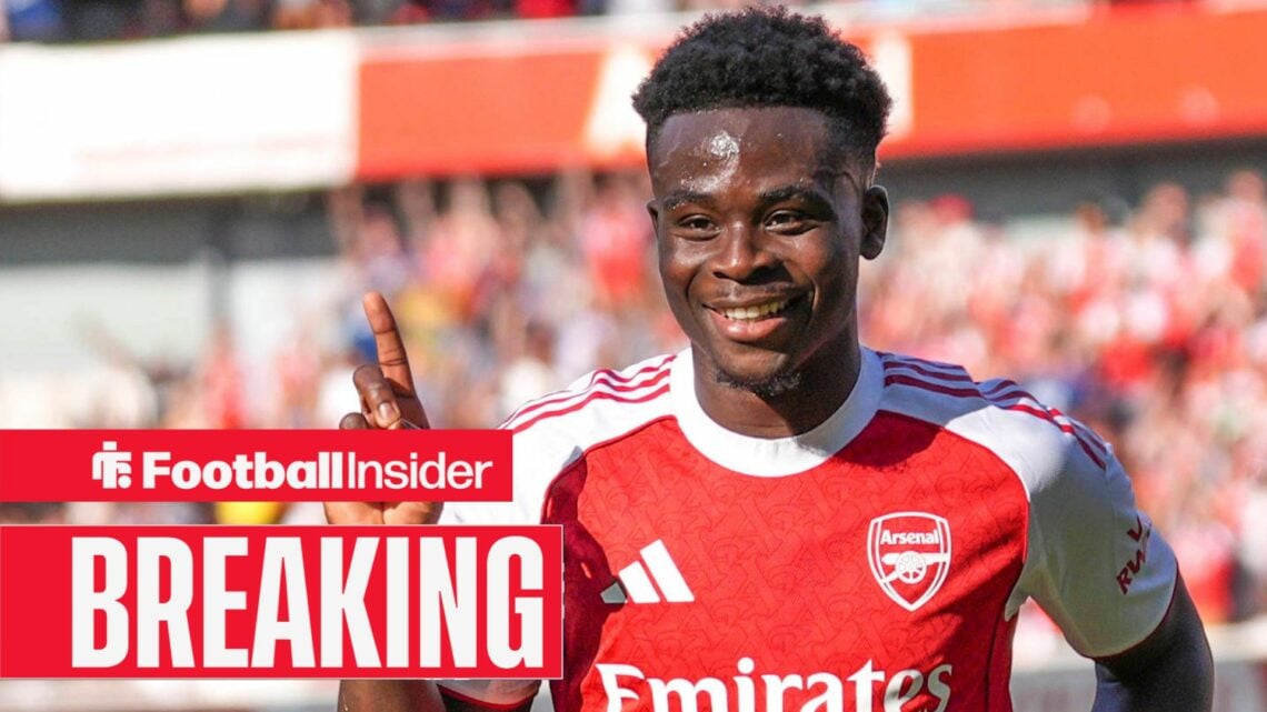 Arsenal winger Bukayo Saka celebrates scoring at the Emirates Stadium