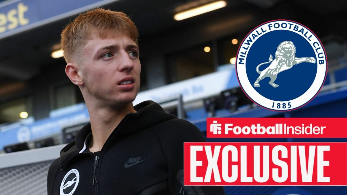 Brighton winger Tommy Watson with Millwall badge inset