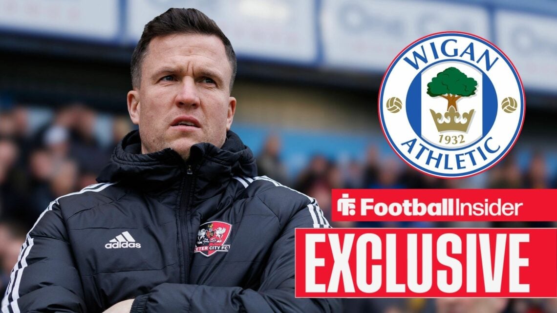 Gary Caldwell next to Wigan Athletic badge in circle