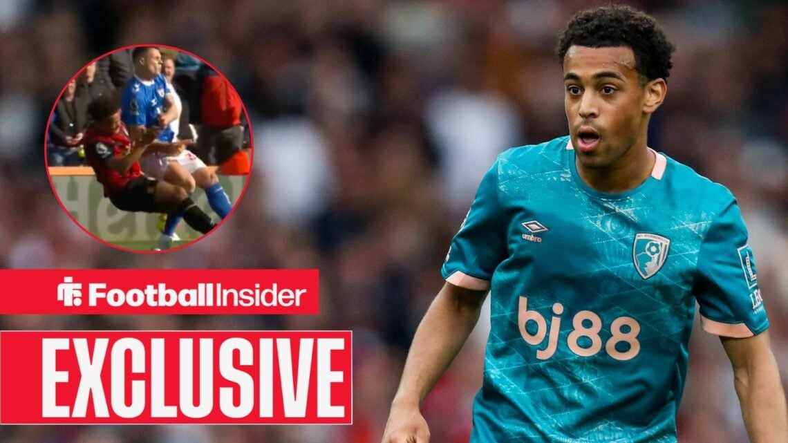 Tyler Adams in Bournemouth kit looking at challenge on Granit Xhaka in circle