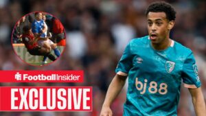 Tyler Adams in Bournemouth kit looking at challenge on Granit Xhaka in circle