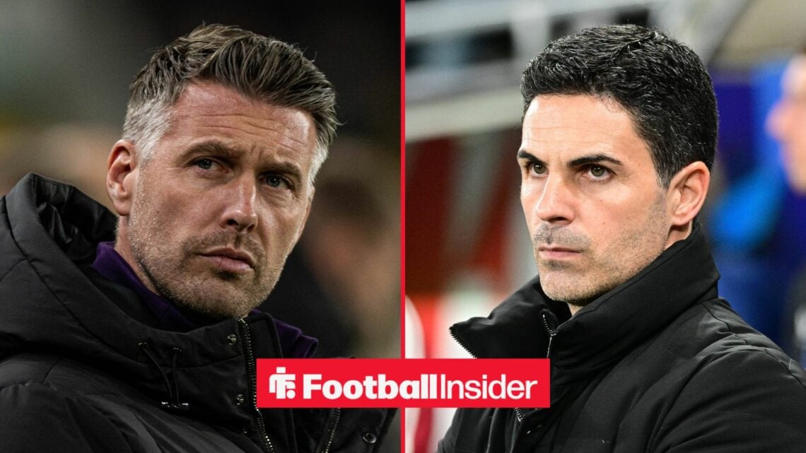 Wolves manager Rob Edwards looks puzzled with Arsenal manager Mikel Arteta