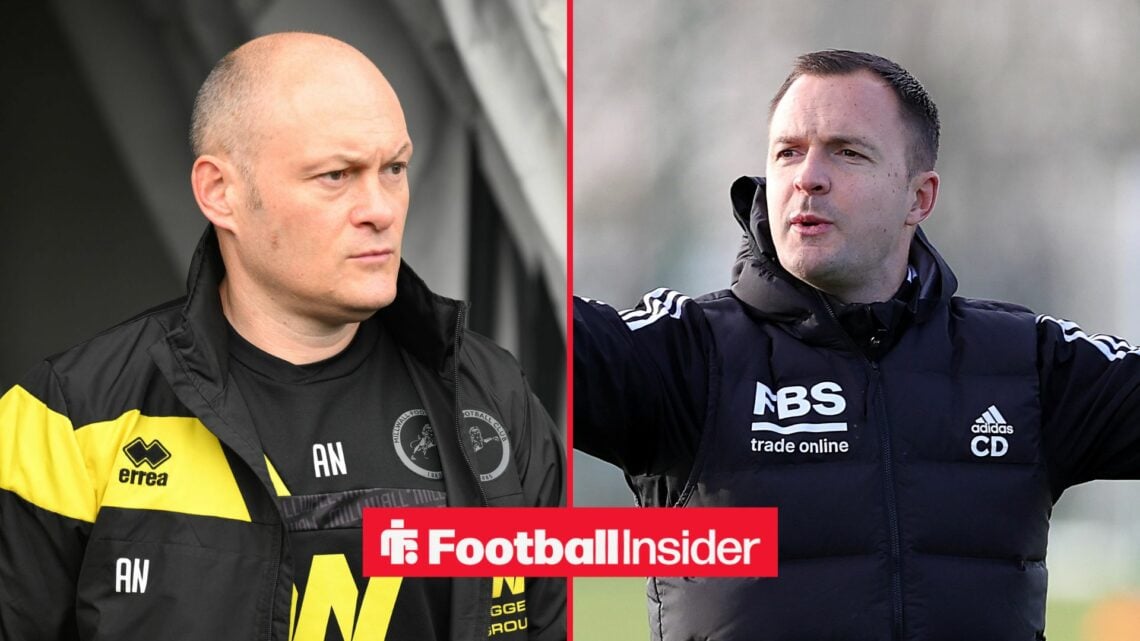 Alex Neil in Millwall coat looking at Chris Davies on right