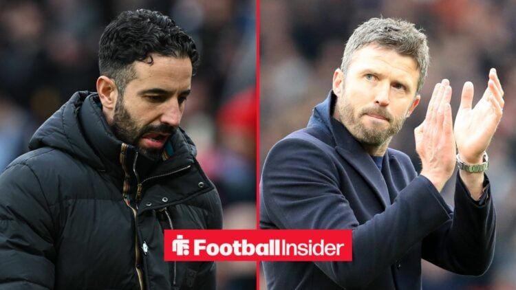 Ex-Man United manager Ruben Amorim looks down as Michael Carrick claps