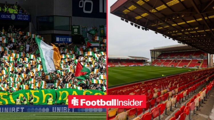 Celtic fans on left Pittodrie Stadium on right