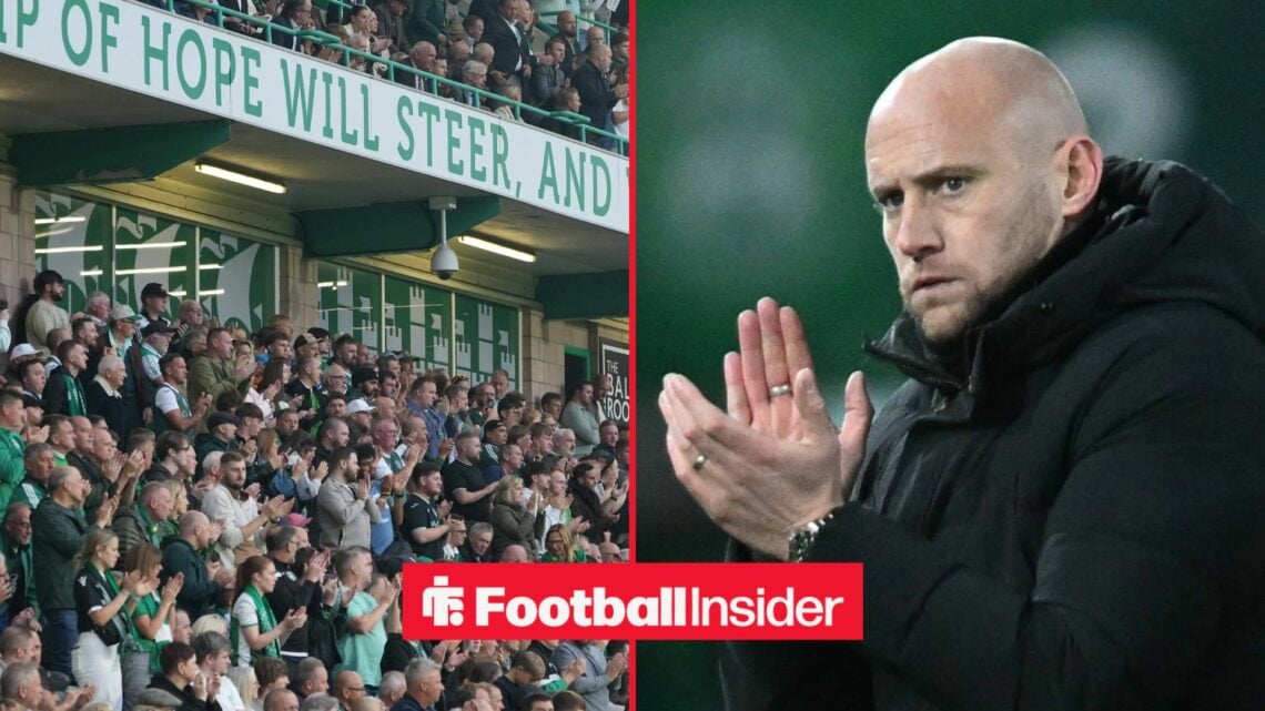 Hibernian fans on left with David Gray on right