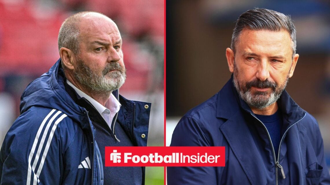 Steve Clarke looking at Derek McInnes on right