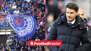 Rangers fans on left, Danny Rohl on right