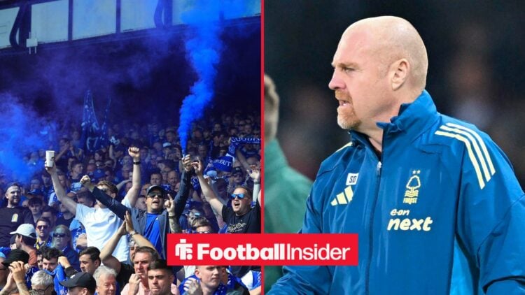 Everton fans celebrating on left and Sean Dyche in Nottingham Forest gear on right