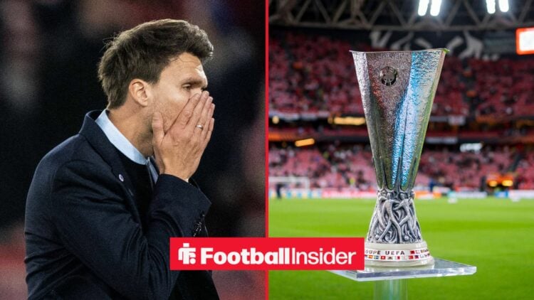 Danny Rohl with hands on face on left and Europa League trohpy on right