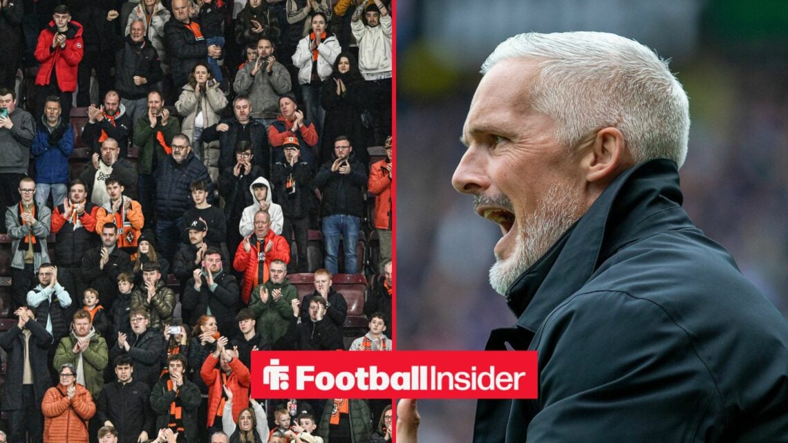 Dundee United fans on left and Jim Goodwin on right