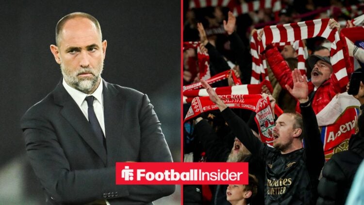 Igor Tudor in suit on left and Arsenal fans on right