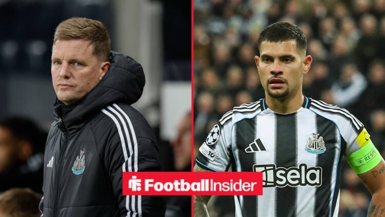 Eddie Howe looking at Bruno Guimaraes on right in Newcastle shirt
