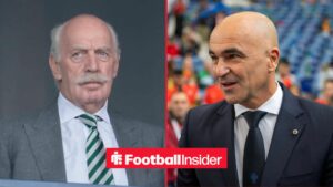 Dermot Desmond in suit on left and Roberton Martinez on right in suit