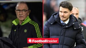 Martin O'Neill in Celtic gear looking at Danny Rohl on right