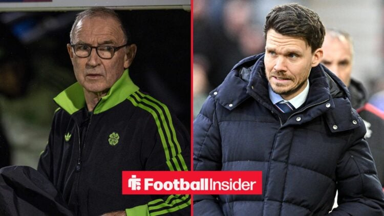 Martin O'Neill in Celtic gear looking at Danny Rohl on right