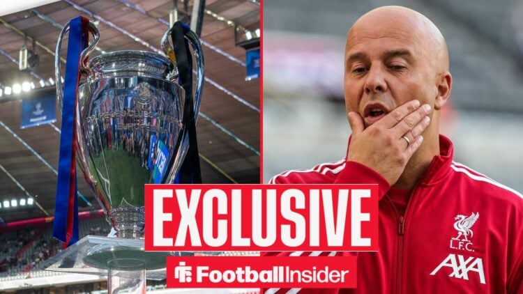 Champions League trophy on left with Arne Slot looking annoyed on right