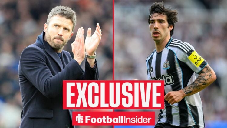 Michael Carrick clapping on left and Sandro Tonali on right in Newcastle kit