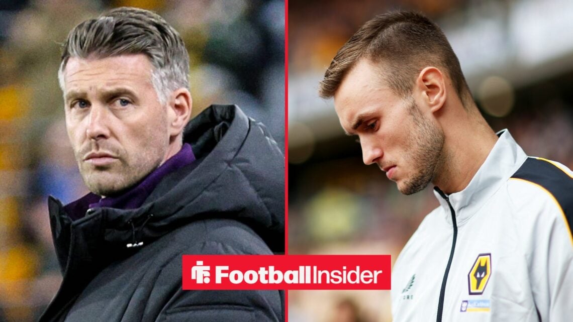 Rob Edwards looking at Sasa Kalajdzic on right