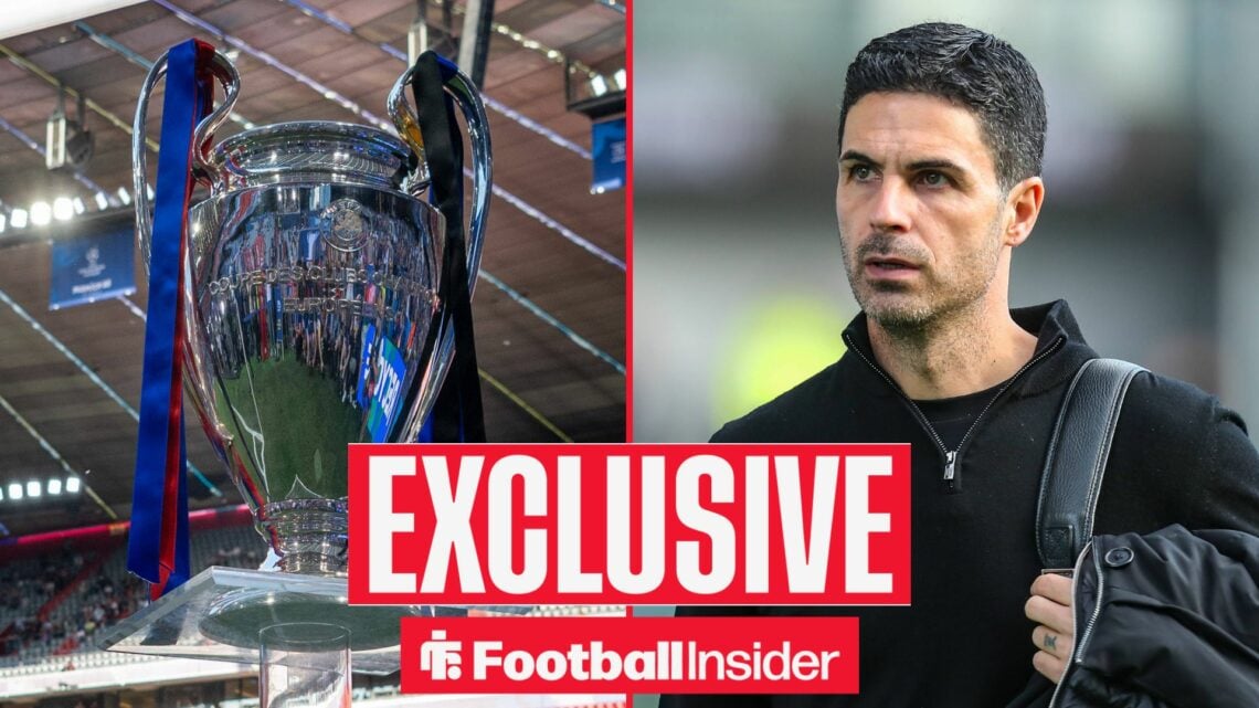 Champions League trophy on left and Mikel Arteta on right