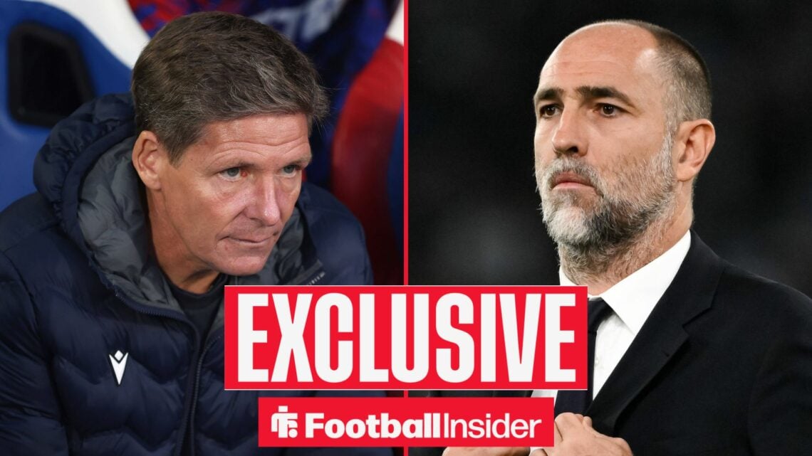 Oliver Glasner in dugout on left and Igor Tudor in suit on right