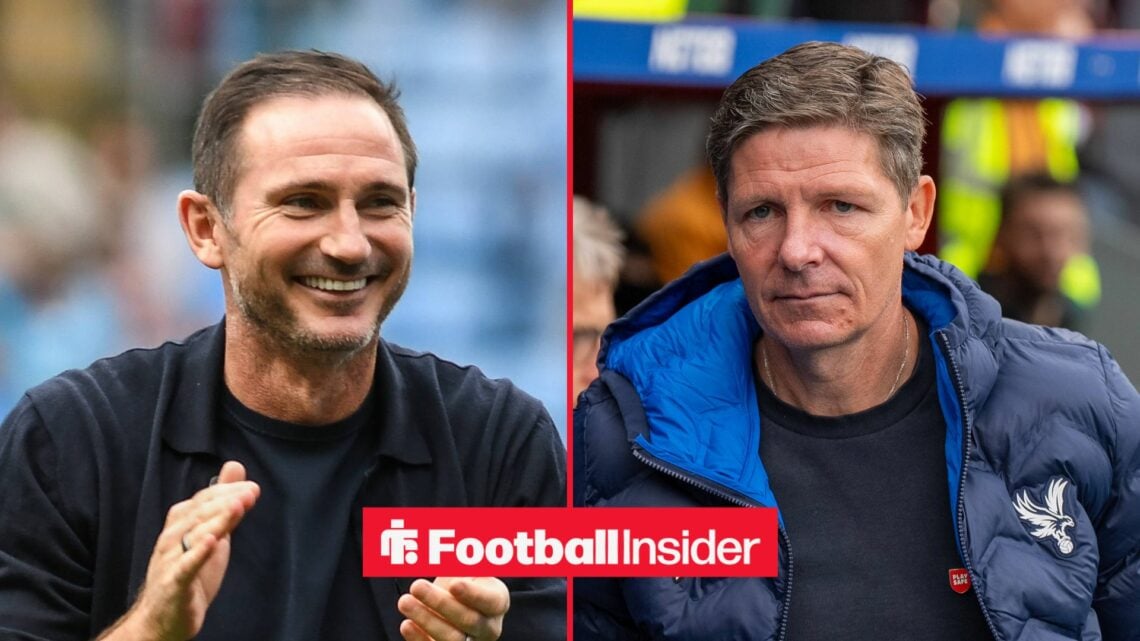 Frank Lampard on left smiling at Oliver Glasner on right