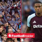 Aston Villa fans on left Ezri Konsa in kit on right