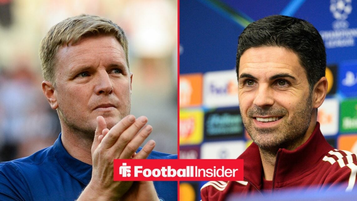 Newcastle United manager Eddie Howe claps with Arsenal manager Mikel Arteta smiles
