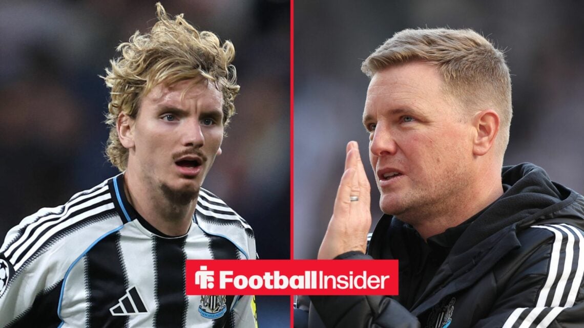 Newcastle United striker Nick Woltemade during a Champions League game with Eddie Howe claps