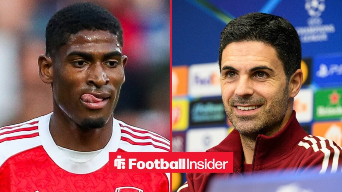 Arsenal defender Cristhian Mosquera and Arsenal manager Mikel Arteta smiles