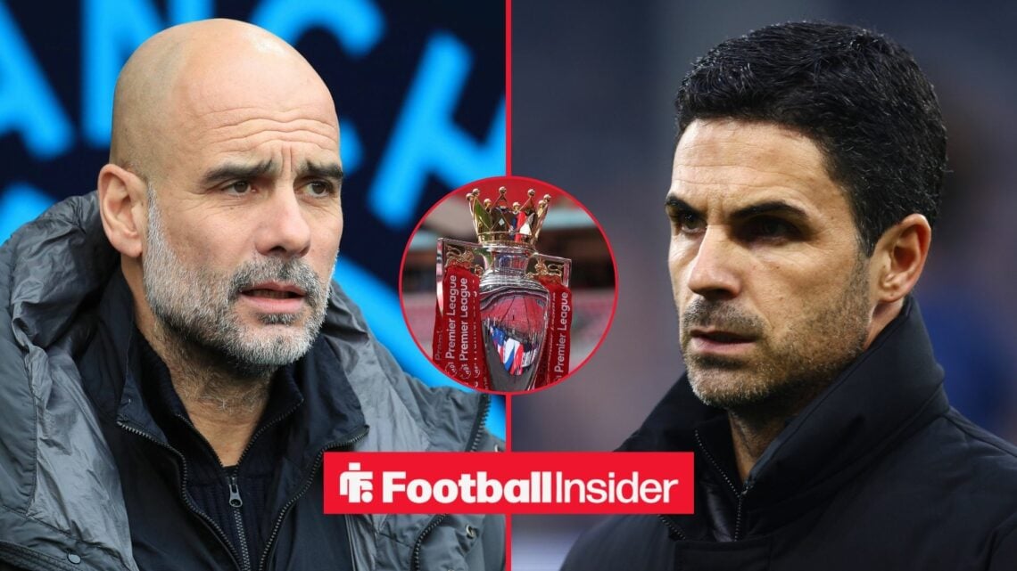 Arsenal manager Mikel Arteta and Man City manager Pep Guardiola with Premier League title inset
