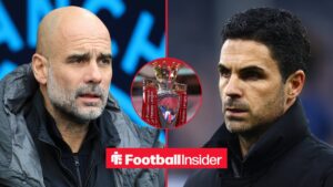 Arsenal manager Mikel Arteta and Man City manager Pep Guardiola with Premier League title inset